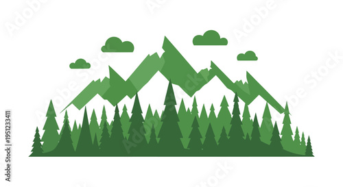 A stylized illustration depicts a mountain range with a dense evergreen forest in the foreground and cloudy sky