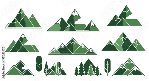 A collection of stylized green mountain illustrations featuring various peak shapes and cloud formations against a white background