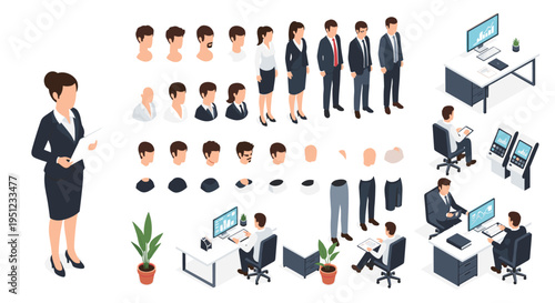 Comprehensive set of isometric office characters, diverse poses, furniture, and computer setups for creating office scenes.