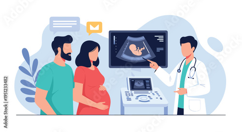 Doctor providing prenatal medical consultation to an expectant couple showing baby ultrasound on a monitor in a modern clinic.