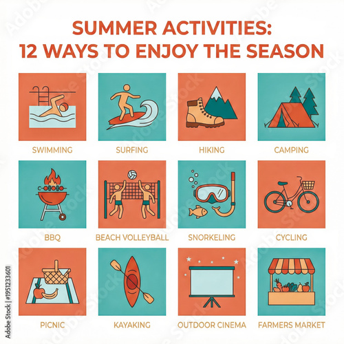 Summer activities infographic poster with 12 ways to enjoy the season. Flat vector icons for camping, surfing, hiking and outdoor fun. Vector illustration