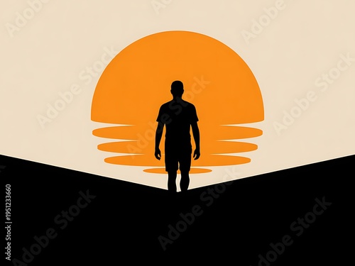Silhouette of person standing alone at sunset with glowing orange sun behind