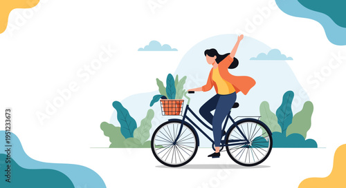 Happy woman happily riding a bicycle with a front basket of fresh green plants through a scenic park background scene.