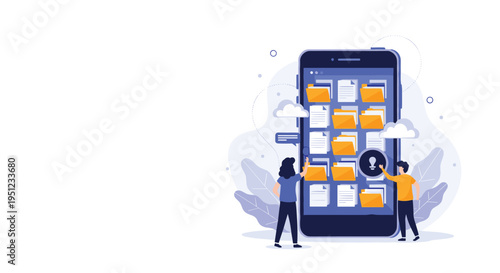 Diverse group of people searching for digital files and folders on a giant mobile smartphone for a data management concept.