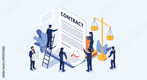 Group of people working on a large official contract document with scales of justice and professional law themed elements.