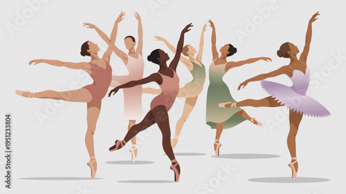 Diverse group of ballerinas performing graceful ballet poses elegant dance illustration for performance art and fitness concepts isolated on a light background