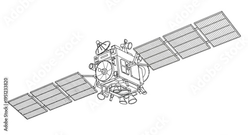 A detailed line drawing showcases a satellite in space featuring large solar panels and various instruments high quality professional