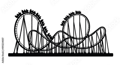 A striking black and white illustration depicts a complex roller coaster track with multiple loops and curves high quality