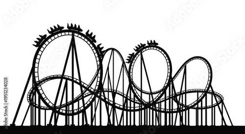 A striking black and white illustration depicts a complex rollercoaster design with looping tracks and supporting structures high quality