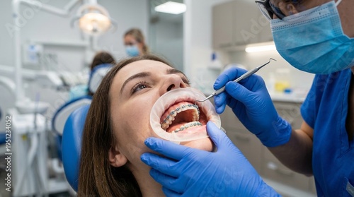 Dentist performing a routine orthodontic checkup on a female patient with braces using a dental probe and cheek retractor in a modern medical clinic