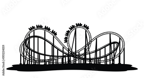 A stark black and white illustration depicts a complex roller coaster with looping tracks and several train cars high quality professional