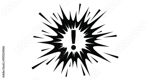 A stark black and white graphic depicts an explosion with radiating lines and a central exclamation mark high quality