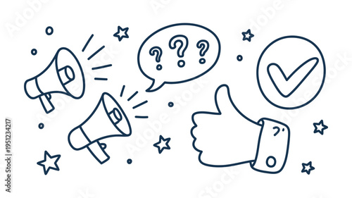 Communication icon, feedback symbols with stars, speech bubbles, and question marks, vector graphics for messaging