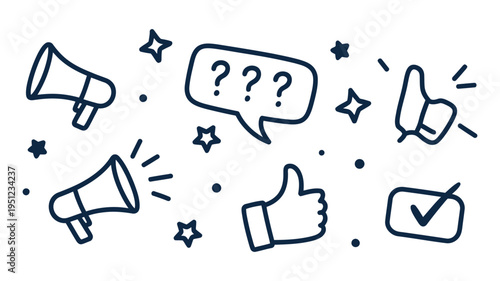 Communication icon, feedback symbols with stars, speech bubbles, and question marks, vector graphics for messaging