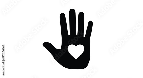 A stark black silhouette of a hand is displayed with a white heart shaped cutout in the palm high quality