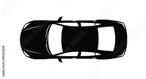 A stark black and white overhead view depicts the silhouette of a modern passenger vehicle emphasizing its sleek form high quality