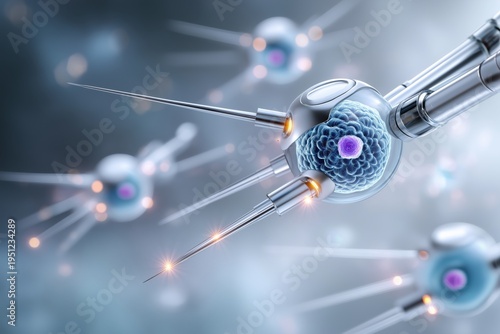 3D render of nanorobots delivering targeted medicine to a cancer cell, microscopic battlefield, precision oncology concept