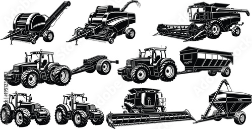 Black and white vector silhouettes of tractors, combine harvesters, balers, and grain carts, detailed agricultural machinery illustration for modern farming, crop production, and 