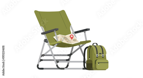 Green folding chair and backpack.