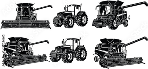 Black silhouette illustration of combine harvesters and tractors with headers and augers, farming machinery equipment for agriculture, crop harvesting, modern farm technology, and field work