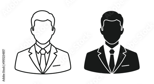 A pair of monochrome icons depicts a man in a suit and tie presented in outline and solid forms