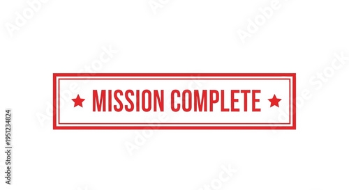 A rectangular red stamp displays the text mission complete flanked by two small red stars on a white background