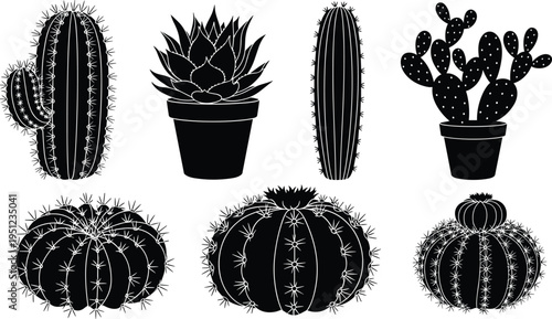 Collection of black silhouette cactus and succulent illustrations, diverse plant shapes in pots and standalone, botanical design elements for decoration, education, and creative artwor