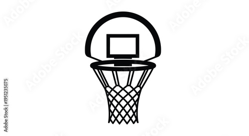 A simple black and white illustration depicts a basketball hoop and net against a stark white background high quality professional detailed