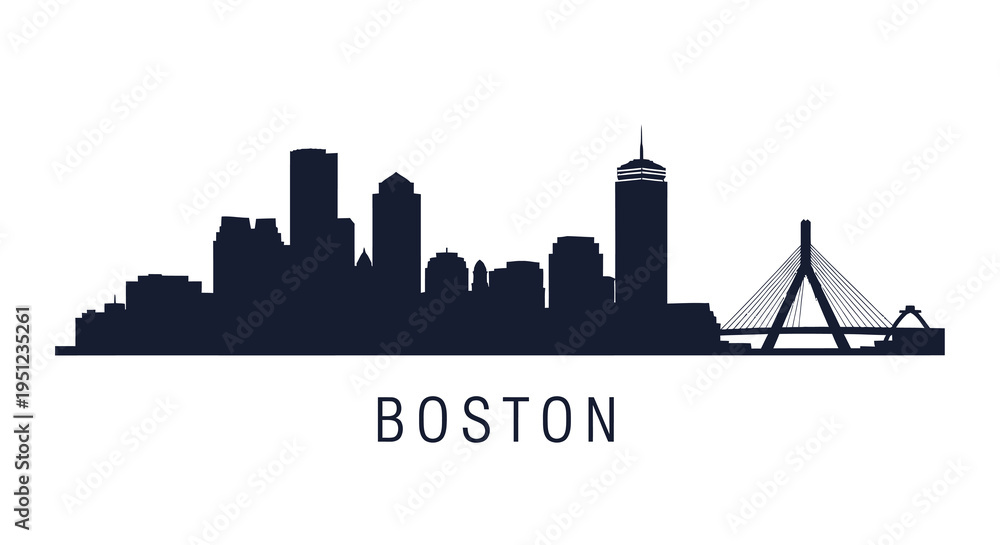 Obraz premium A striking black silhouette showcases the boston skyline prominently featuring the zakim bridge and city buildings high quality professional