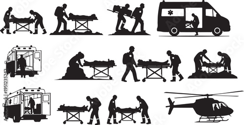 Emergency Medical Services Silhouette Illustrations for Healthcare Concepts