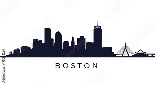 A striking black silhouette depicts the boston skyline showcasing iconic buildings and the zakim bridge high quality professional detailed