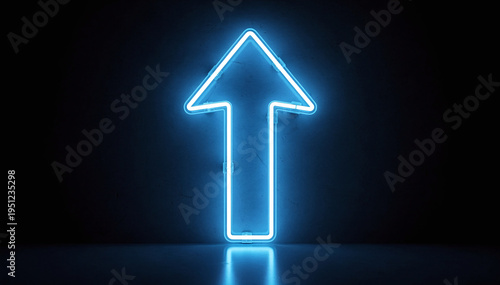 Vibrant Blue Neon Arrow Pointing Upward on a Dark Textured Background with Reflective Floor, Symbolizing Growth, Direction, and Progress