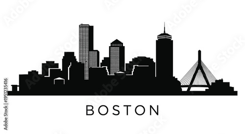 A striking black silhouette depicts the boston skyline featuring prominent buildings and the iconic prudential tower high quality professional