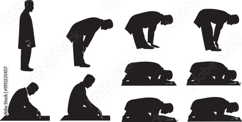Man in various prayer positions in silhouette on white