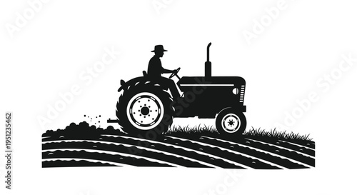 A silhouetted depiction showcases a farmer operating a vintage tractor across a freshly plowed field high quality professional detailed