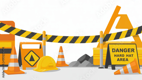 Construction site safety elements including traffic cones hard hat danger sign and barrier tape for industrial and building concepts