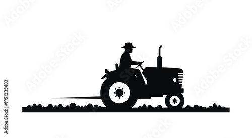 A stark black silhouette depicts a farmer driving a vintage tractor across a textured ground line high quality professional