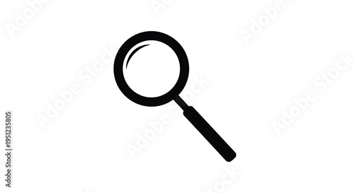 A simple black and white illustration depicts a magnifying glass angled slightly on a pure white background high quality