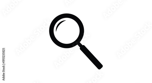 A simple isolated illustration depicts a black magnifying glass angled slightly suggesting investigation or close examination high quality professional