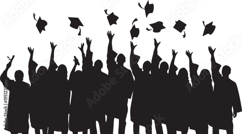 Graduates Celebrating with Tassel Caps in the Air Silhouette