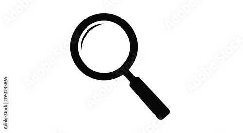 A stark black silhouette depicts a classic magnifying glass angled slightly suggesting investigation and detail high quality professional detailed