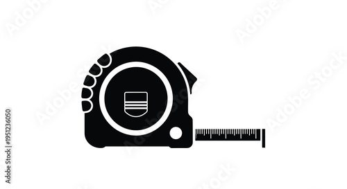 A simple black and white graphic depicts a retractable measuring tape commonly used in construction and carpentry high quality