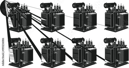 Detailed schematic illustration of multiple electrical power transformers connected in distribution network, showing oil‑filled transformer components, substation arrangement, and ene