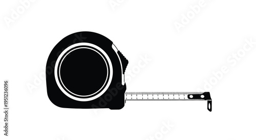 A stark black and white silhouette depicts a retractable measuring tape showcasing its circular casing and extended blade high quality professional