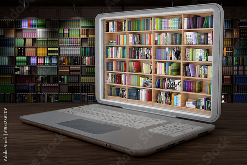 Libreria, con tanti libri, all'interno di computer portatile. Ebook, libri elettronici, in download disponibili su dispositivo informatico portatile.
