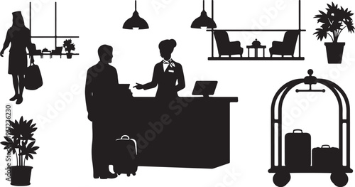 Hotel Lobby Silhouette with Guests and Staff Members Present