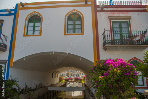 Romantic canal with flowers and bridge in Puerto de Mogán, Gran Canaria