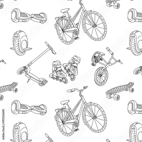 Monochrome outline seamless pattern with bicycle, roller skates, scooter and skateboard. Linear eco city transport background for sport textile, rental wallpaper or wrapping paper. graphics.