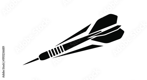 A stark black silhouette depicts a single dart angled diagonally showcasing its point shaft and flights high quality professional