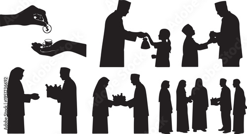 Silhouettes of people giving and receiving charity donations together